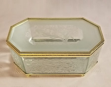 Etched Glass Trinket Box With Brass Trim Base is a Mirror - Preowned