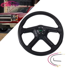 14“ Universal 4 Spokes PU Leather Flat Dish Racing Steering Wheel w/Horn Button