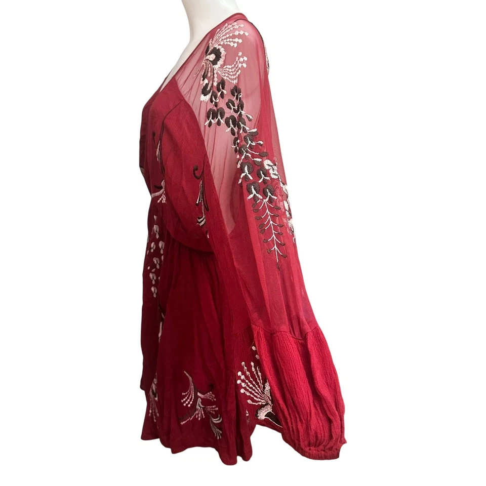Free People Bonjour Floral Red Embroidered Long Sleeve Mini Dress Boho Small - Image 4 of 4