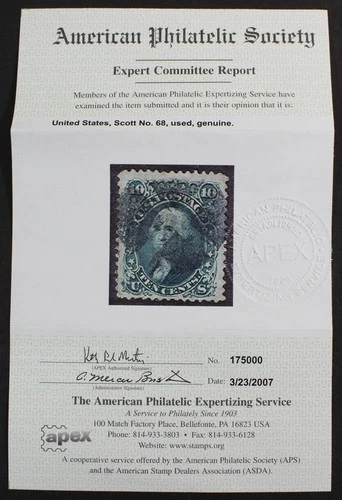 CKStamps: US Stamps Collection Scott#68 10c Washington Used APS Cert