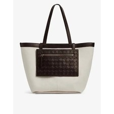 BOTTEGA VENETA Canvas Flip Flap Tote Bag Beige/Fondant Brown Leather