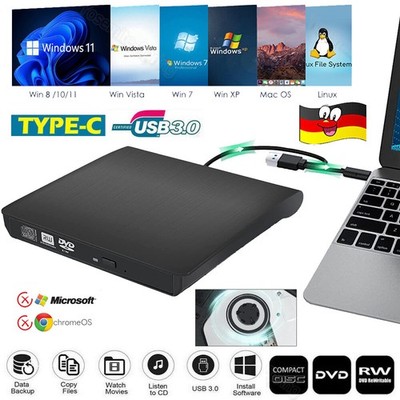 Externes CD/DVD Laufwerk USB 3.0/2.0 Brenner Player für PC Laptop Windows 11 10