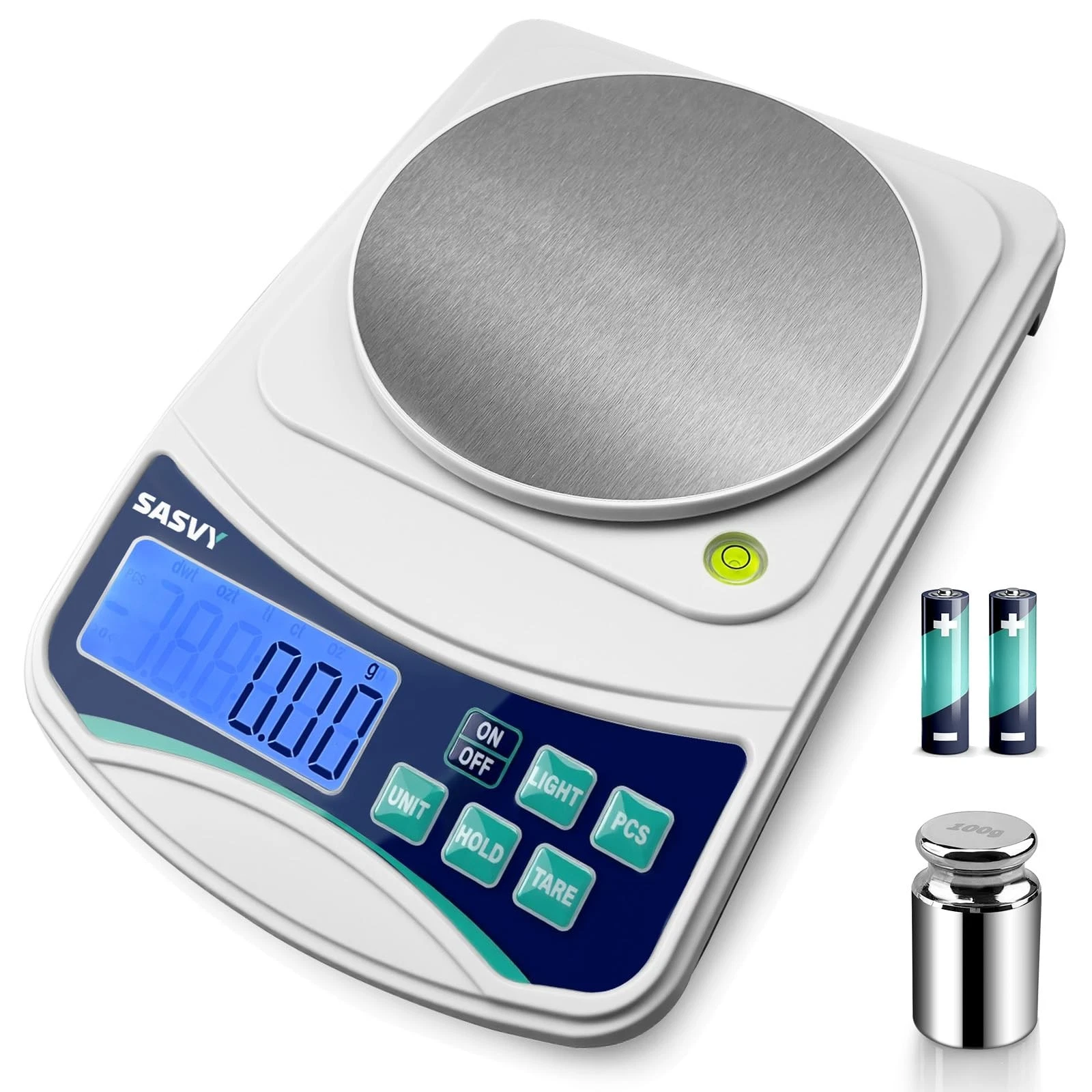 SASVY Digital Lab Scale 1000g x 0.01g oz/g/ct/DWT/tl/gn/ozt 0.01g, blue