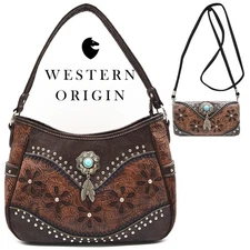 Western Handbag Concealed Carry Purse Feather Women Shoulder Bag Wallet Coffee