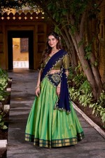 Launching Kanchipuram Lehenga Choli With Navy Blue Dupatta For Traditional Wear