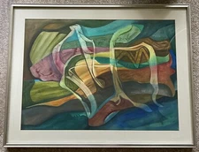 Colorful Vintage 1980s Abstract Watercolor Painting Modern Art Wall Hanging Fett