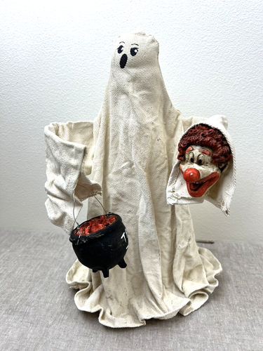 Vtg Halloween Ghost w/Clown Head Primitive Creepy Fabric & Paper Mache Hollow