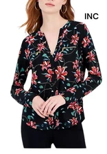 INC BLOUSE Women's Size XL Black Pink Floral Long Sleeve Button Up V-Neck Top
