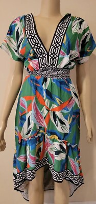 Flying Tomato XS Tropical Vacation Green Multicolor High Low Women's Dress #C