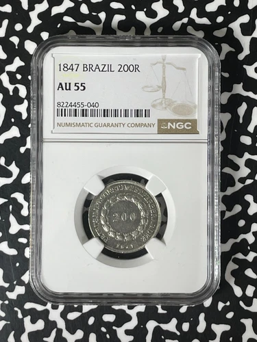 1847 Brazil 200 Reis NGC AU55 Lot#G216 Silver! Very Scarce! 2,936 Minted