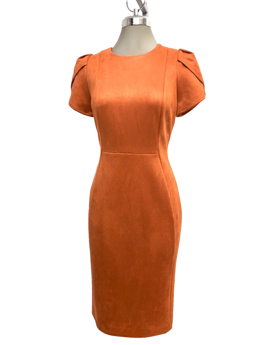 New! Calvin Klein Elegant Faux Suede Rust Tulip Short Sleeve Sheath Dress  size 4 | eBay