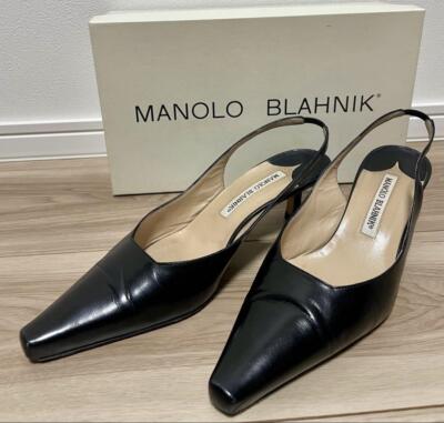 Manolo Blahnik Carolyne Black Leather Slingback Kitten Heels EU 37