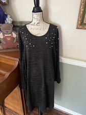 TACERA Black Gray Size 3X Dress Stretch Long Sleeve Faux Pearl