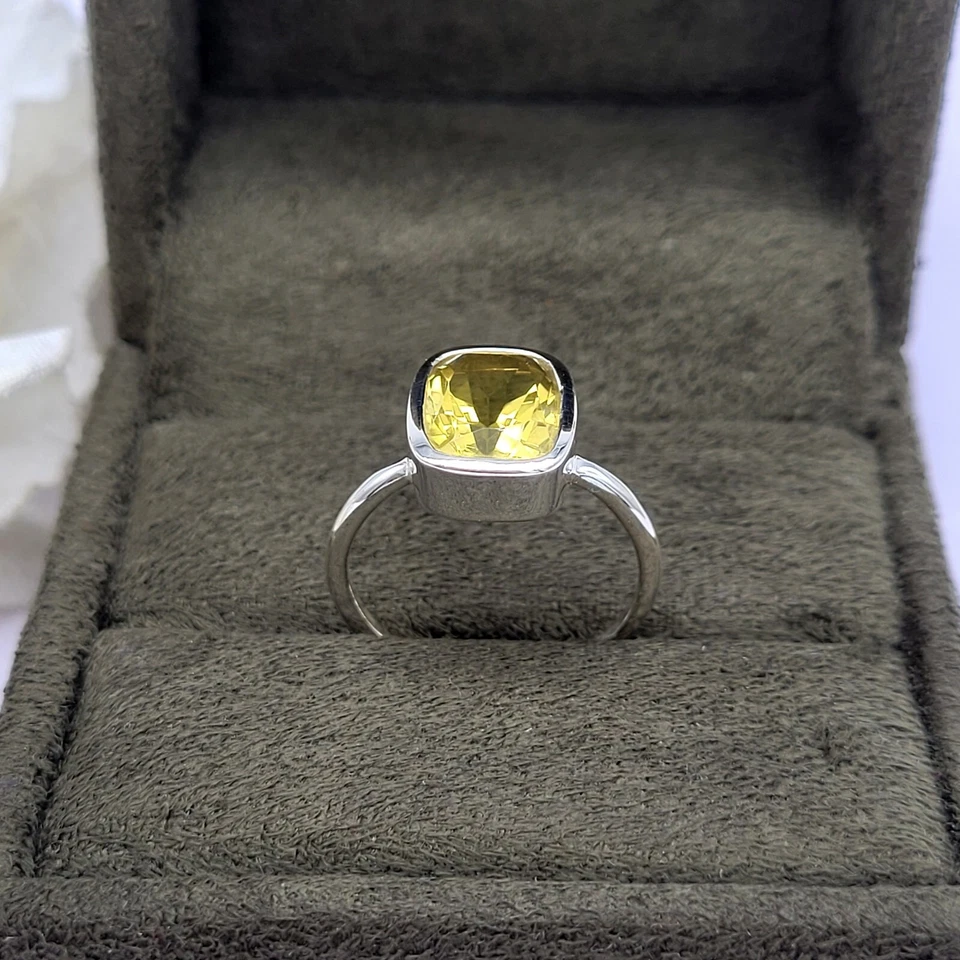 Anillo de cóctel cojín de cuarzo limón plata de ley 925 anillo llamativo para mujer Foto 3 de 4