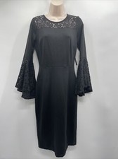 New York & Co Stretch Women's 3/4 Bell Sleeves Lace Detail Black Dress Sz Small