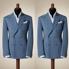 Denim Blue Men's Suits Peak Lapel Double Breasted Formal Wedding Groom Tuxedos
