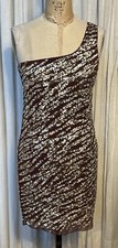 Alice+Olivia Womens Brown Chiffon One Shoulder Gold/Cream Sequin Dress Sz 2 Used