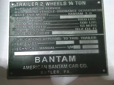 Typenschild willys Jeep Bantam trailer  Anhänger Schild Id-plate WW 2 II Alu S98