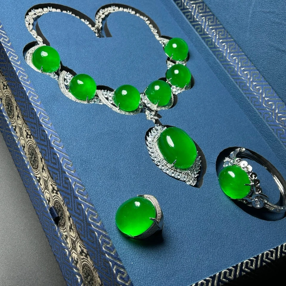 Certified Nature ice green Burmese Jade jadeite necklaces&bracelets&Rings Sets - Image 3 of 4