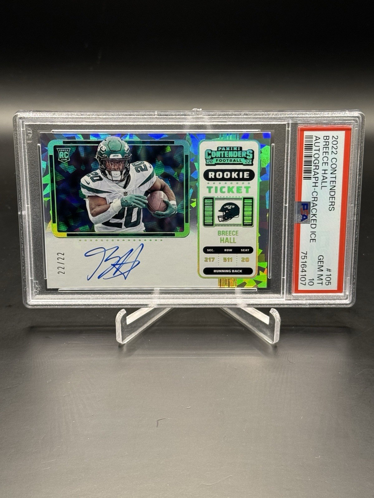 2022 Contenders Breece Hall #105 Cracked Ice Rookie Ticket Auto 22/22 PSA 10 GEM