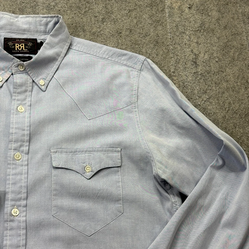 RRL Ralph Lauren Camisa Oxford Hombres M Azul Sólido OCBD Manga Larga Calce Clásico Foto 3 de 4