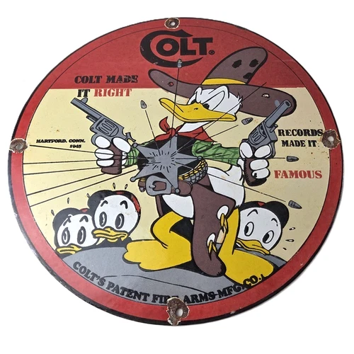 Vintage Colt Fire Arms Sign - Donald Duck Revolvers Pistols Guns Gas Pump Sign
