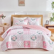 3 Pieces Floral Patchwork Quilt Set Queen n White Flowers Queen-90"x90" Pink