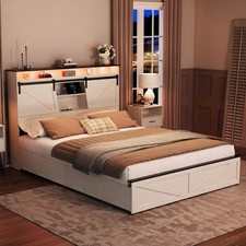 Full/Queen Size Platform Bed Frame w/ 2 Drawers Storage Headboard LED Lights