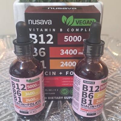 Nusava Vegan Vitamin B Complex Liquid Drops B12 5000mcg Strawberry 2oz x2