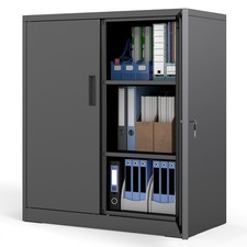 Metal Storage Cabinet 2 Lockable Doors 26 Adjustable Shelves Steel File Black