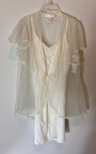 Vintage Val Mode Lingerie Ivory Nightgown Sheer Robe Set Lace Trim Small