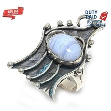 925 Silver Genuine Blue Lace Agate Trendy Statement Handmade Ring Jewelry Size 8