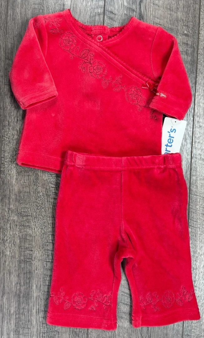 Baby Girl Clothes New Vintage Carter's Newborn 2pc Red Velour Flower Outfit