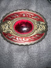 Gemstone Oval Setting With Flower Accent Gold  Red Western Vintage Belt Buckle