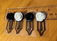 BLACK  WHITE RESIN FLOWERS Antique Copper 4 Metal Clips HANDMADE