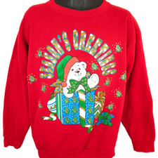 Vintage Christmas Teddy Bear Sweatshirt Mens Size Large Red 90s Made In USA