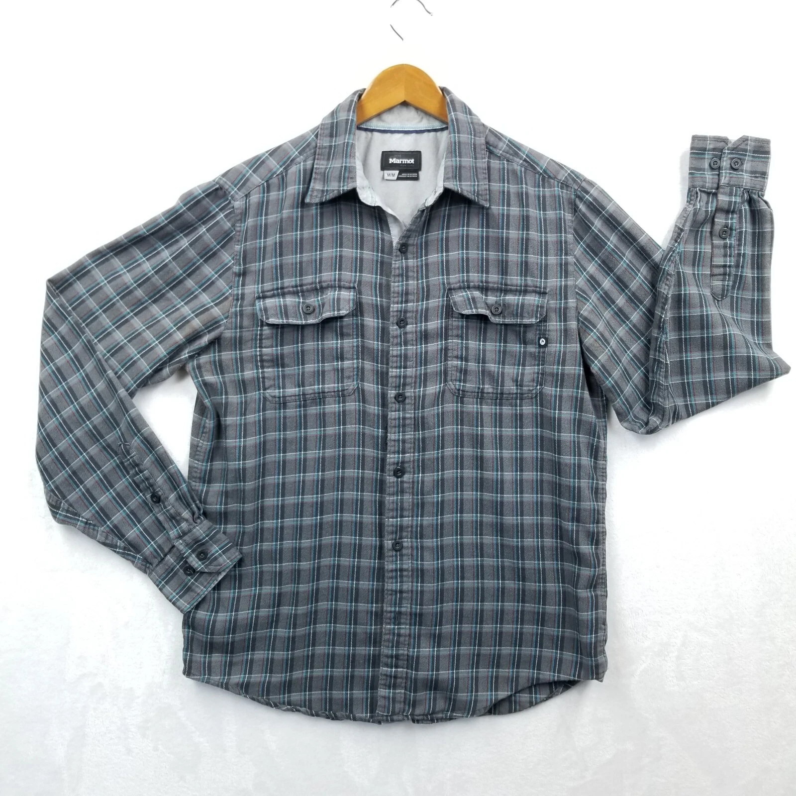 Marmot Men Shirt M Gray Cotton Fairfax Plaid Long Sleeve Flannel Outdoor Cabin