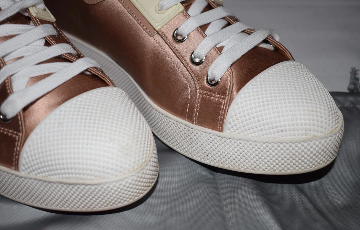 Womens Prada Brown Satin Sneakers Tennis Shoes Size 38 US 8 In Box Dust Bag