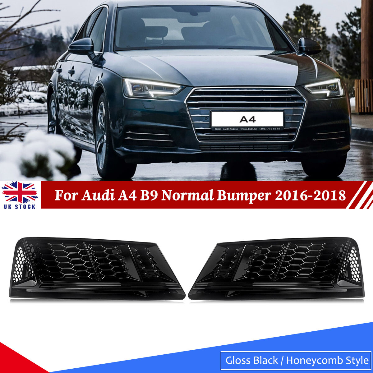 For Audi A4 B9 Normal Bumper 2016-2018 S4 Style Front Fog Light Grille Honeycomb