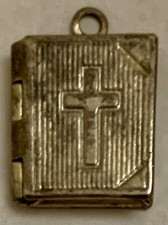 Vintage Silvered  Medallion Pendant - Little Book Holy Bible -frames for relics