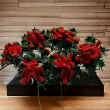 Vtg Christmas Pick Floral Spray Red Flocked Birds Holly Mistletoe Glitter Lot 6