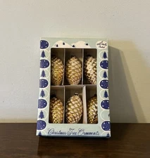RARE VTG Box Shiny Brite Gold Mica Pinecone Christmas Ornaments CIOB Japan VHTF