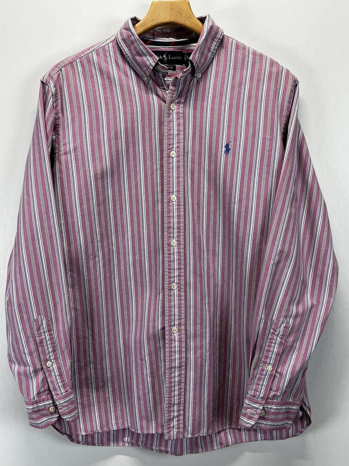 Vtg Polo Ralph Lauren Button Down Shirt Mens L Pink Striped Classic Fit Pony