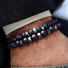 2er Set Armband ** elegant matt Lava Stein Unisex Herren Perlen flexibel schwarz