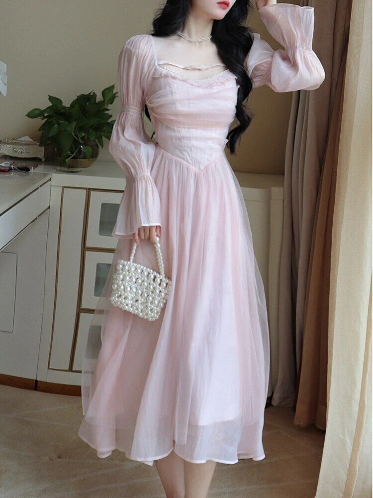 Elegant Evening Party Midi Dress Women Bubble Sleeve Vintage Sweet Dress  Pink