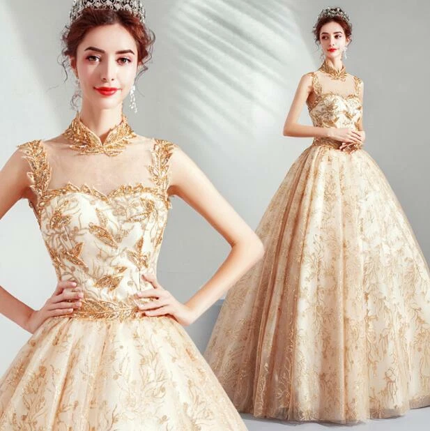 Luxury Gold Diamante Mandarin Collar Tulle Ball Gown Stage Prom Evening Dress