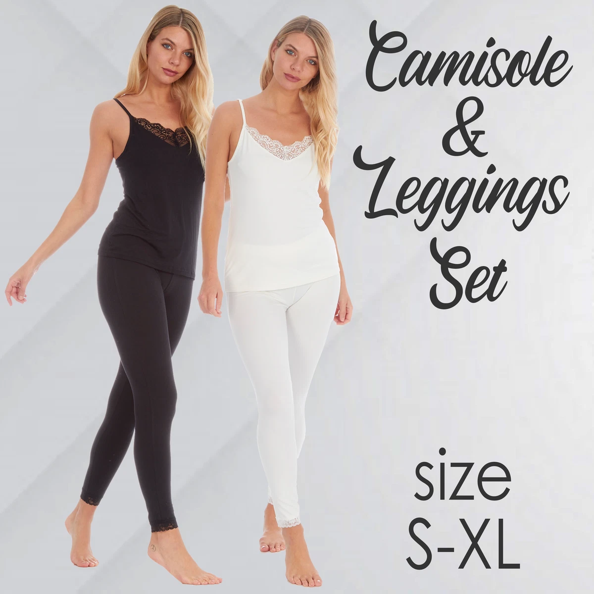 Womens Ladies Pyjama Set Camisole Cami Top Leggings Lace Trim Black Cream  S-XL