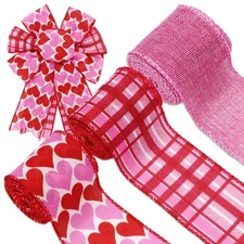 3 Rolls Valentines Day Wired Edge Ribbon Red Pink Love Heart Plaid Fabric Rib...
