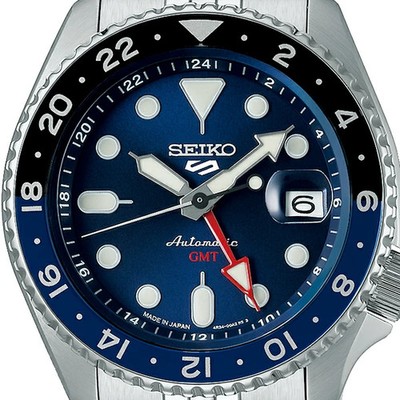 Seiko 5 Sports SBSC003 SKX GMT blaues Zifferblatt rot GMT Zeiger Automatik Uh...