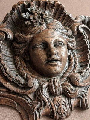 Bois sculpté rocaille, boiserie époque Louis XV, tête de femme 18ème, rococo - Photo 1/4